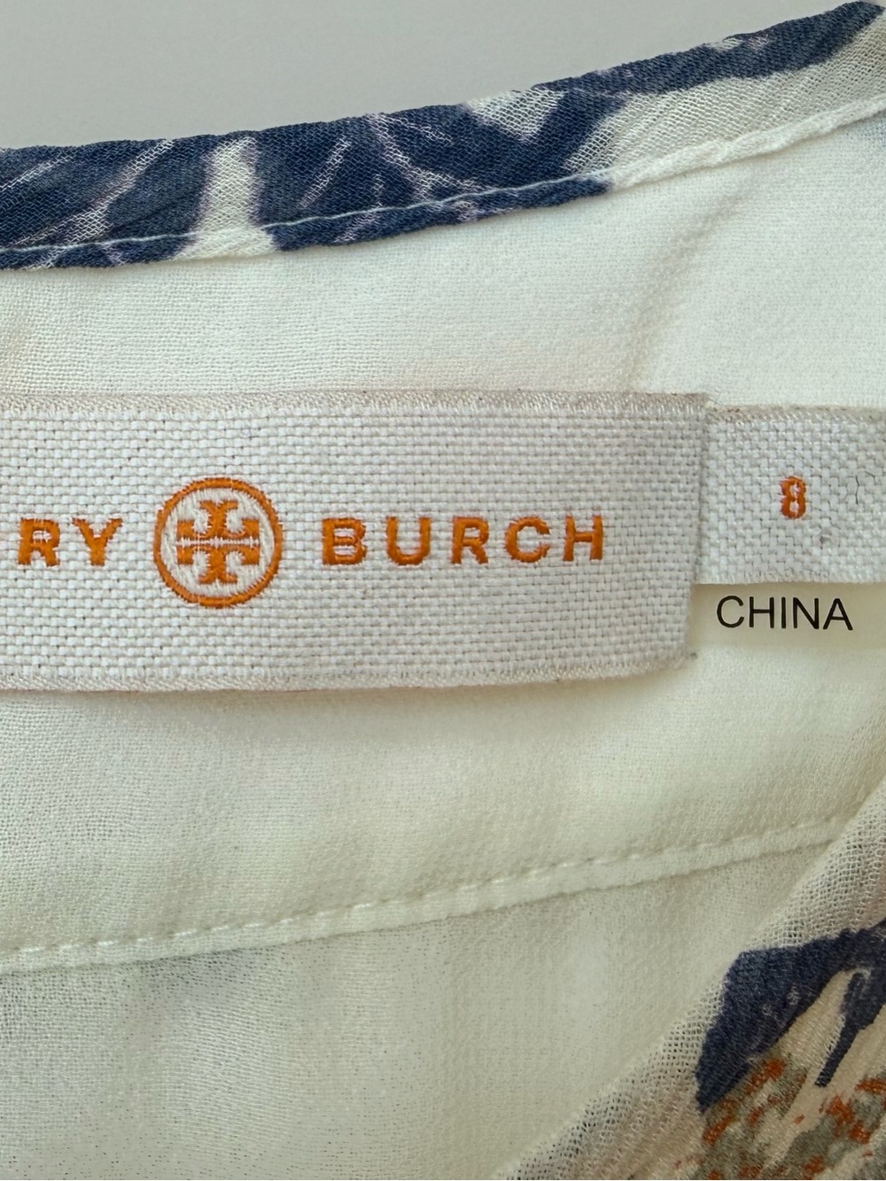 Tory Burch Cream Blouse with Blue Floral Trim - Picture 6 of 8